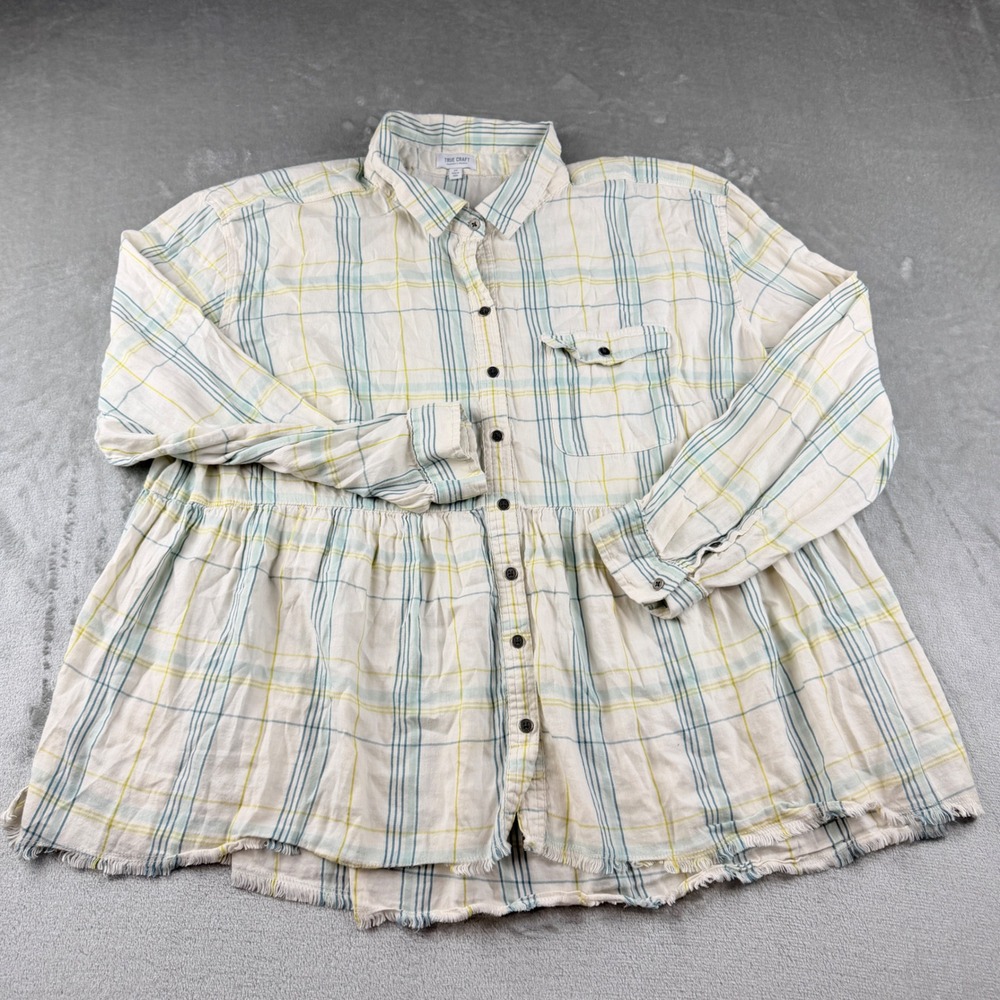 True Craft Plaid Peplum Button Down Shirt‎ Women's 2X Cream Blue Yellow Cotton